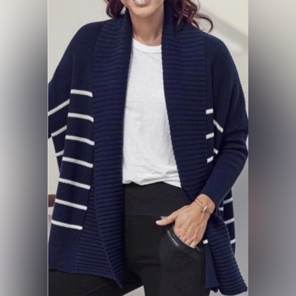 Athleta Chunky Knit Navy Stripe Dolman Open Sweater Cardigan XS EUC